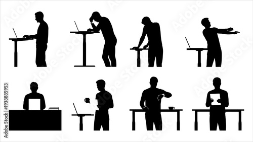 Silhouetted workers performing various tasks at workstations, depicted in a series of illustrations showcasing different actions and viewpoints.