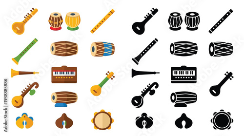 Collection of Indian musical instruments depicted in both colorful and silhouette styles, showcasing a variety of traditional percussion, string, and wind instruments.