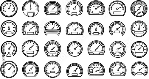 Automotive Speedometer and Gauge Black and White Line Art Vector Icons. Collection of Dashboard Meters, Dials, and Performance Indicators for Cars and Vehicles.