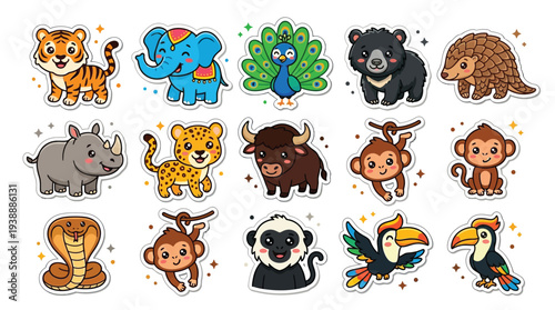 A vibrant collection of cute cartoon wild animals, including a tiger, elephant, peacock, bear, porcupine, rhino, leopard, buffalo, monkeys, cobra, panda, and toucans, presented as stickers.