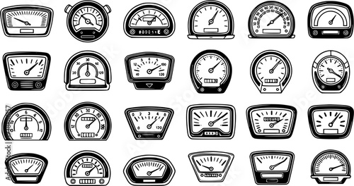 Automotive Dashboard Gauges and Speedometers Black and White Line Art Vector Icon Set. Transportation Vehicle Meters and Indicators Collection.