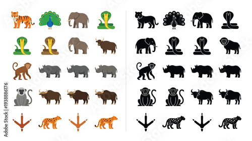 Collection of Indian wildlife icons in both color and silhouette, featuring tigers, peacocks, elephants, cobras, lions, rhinos, monkeys, and gaurs.