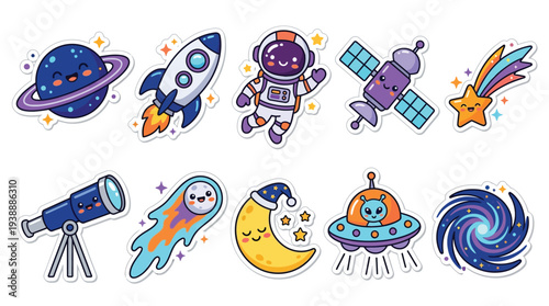 A collection of cute, kawaii-style cartoon illustrations depicting various space-themed objects and characters, including planets, rockets, astronauts, and UFOs.