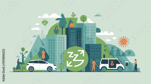 Eco friendly cityscape with green buildings electric vehicles and people promoting sustainability and environmental conservation