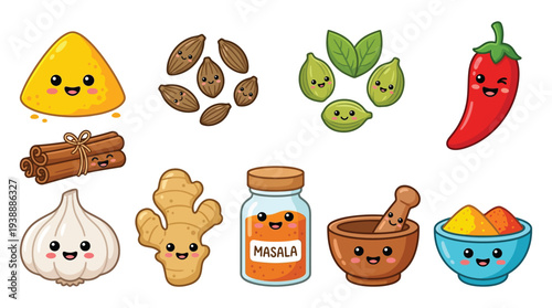 A collection of cute, kawaii-style illustrations of various spices and aromatics commonly used in cooking, presented against a white background.