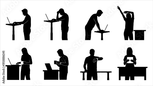 Various workers engaged in different carpentry tasks and activities near workbenches indoors from different viewpoints