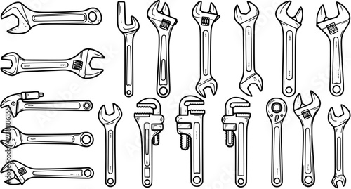 Hand-Drawn Black and White Line Art Set of Wrenches and Spanners, Essential Hand Tools for Construction, Automotive, Industrial, and DIY Repair.