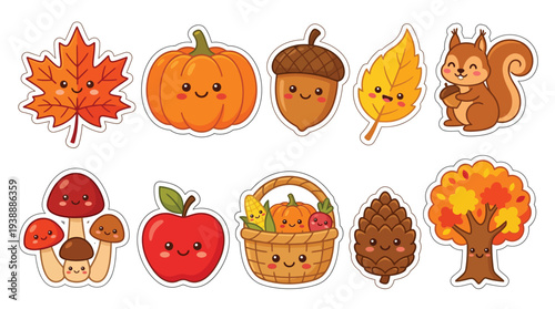 A charming collection of cute, kawaii-style autumn-themed illustrations featuring a maple leaf, pumpkin, acorn, oak leaf, squirrel, mushrooms, apple, harvest basket, pinecone, and a tree.