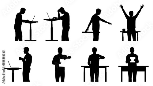 Silhouetted musicians performing various instruments and actions from multiple viewpoints on a clean white background