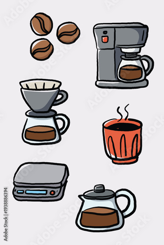 Hand Drawn Everyday Objects Icons Set – Kitchen, Gardening, Coffee, Data, File Management, and Technology Illustration