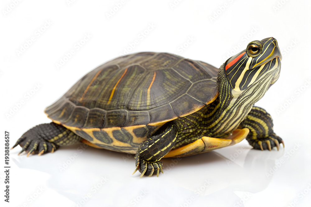 Obraz premium Isolated Red-Eared Slider Turtle with Detailed Shell Pattern