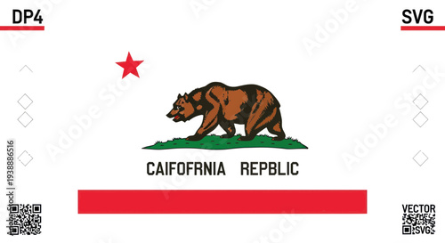 California Republic Flag with Bear and Red Star, Vector Art