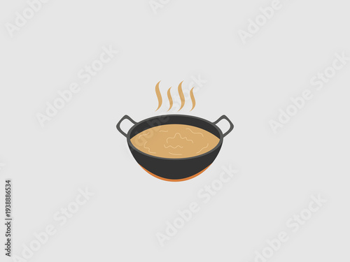 A simple flat illustration of a black frying pan or wok filled with hot