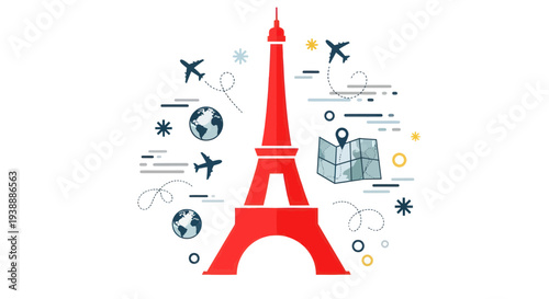Eiffel Tower travel illustration with airplanes, globes, and map