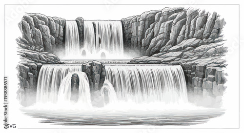 Cascade Waterfall, Rocky Cliffs, Natural Landscape Illustration, Water Flowing