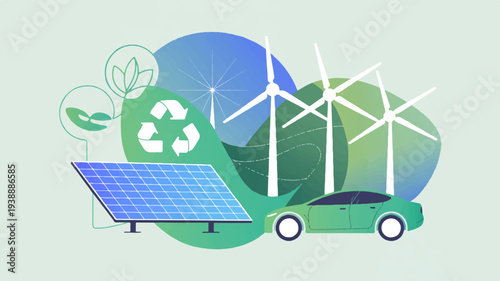 Green car with solar panel and wind turbines eco friendly transportation concept with recycling symbol