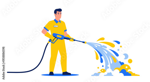 Man in uniform pressure washing, creating water splashes and foam, cleaning service concept