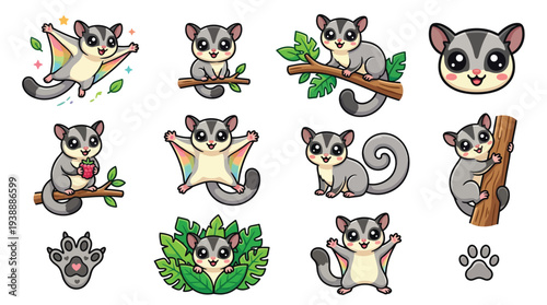 Collection of cute cartoon sugar gliders in various adorable poses and activities, including flying, climbing, and holding a mug.