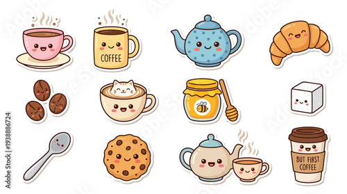 Collection of cute kawaii-style illustrations featuring coffee, tea, and pastries with adorable facial expressions.