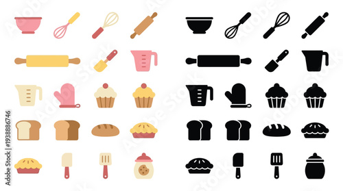 Collection of baking and cooking utensils and food items, presented in both colorful and silhouette styles.