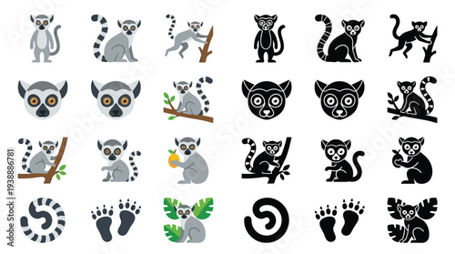 Collection of Lemur Icons and Illustrations in Various Poses and Styles.