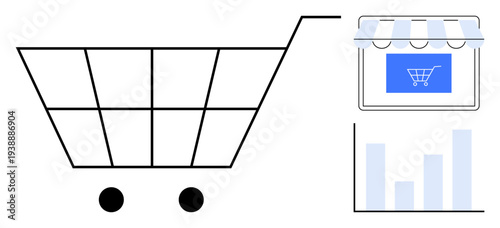 Online shopping, digital marketplace, e-commerce growth, retail analytics, consumer trends, sales strategy. Shopping cart, storefront graphic bar chart illustration. E-commerce growth and retail