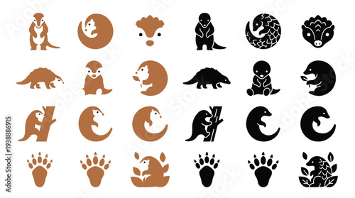 Collection of stylized icons and illustrations featuring pangolins, meerkats, and hedgehogs in various poses and forms, including full body, faces, and paw prints.