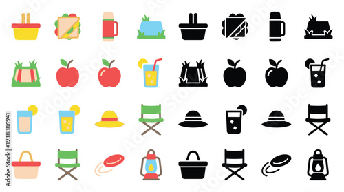 A collection of colorful and black and white icons representing various picnic and outdoor activity elements, including food, drinks, and gear.