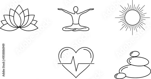 Mindfulness and self-care icon set, elegant black outline wellness vector.