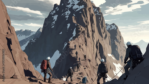 Climbers ascending a rugged mountain trail with snowy peaks in the background under a cloudy sky