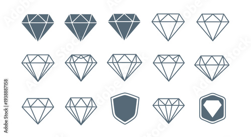 Diamond outline icon set with gem shapes and shield badges