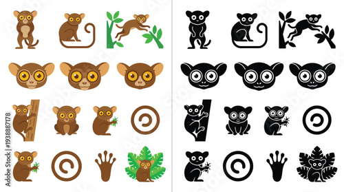Collection of Tarsier Monkey Icons and Illustrations in Color and Silhouette.