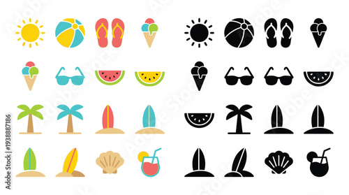 Collection of colorful and black silhouette summer vacation icons, including sun, beach ball, flip-flops, ice cream, sunglasses, watermelon, palm trees, surfboards, seashell, and cocktail.