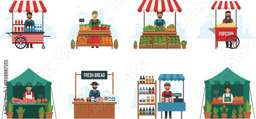 Cute Cartoon Farmers Market Stalls Set Street Vendors Fresh Produce Popcorn Bread Flat Illustration for Local Food Festival Designs, and Vector Collections