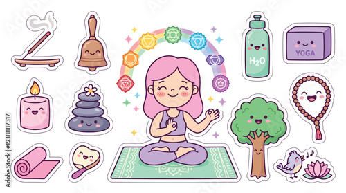 Cute Kawaii Yoga and Meditation Illustration with Chakras, Incense, and Zen Symbols.