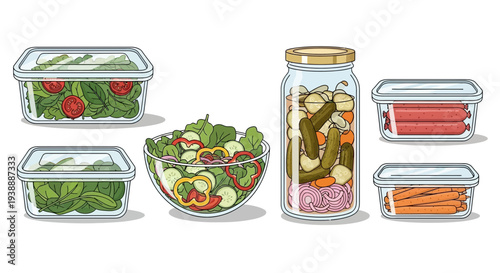 Reusable food containers with salad vegetables and meal prep jars
