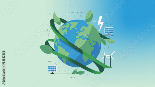 Earth wrapped in green leaves with solar panels and wind turbines for eco friendly sustainable energy