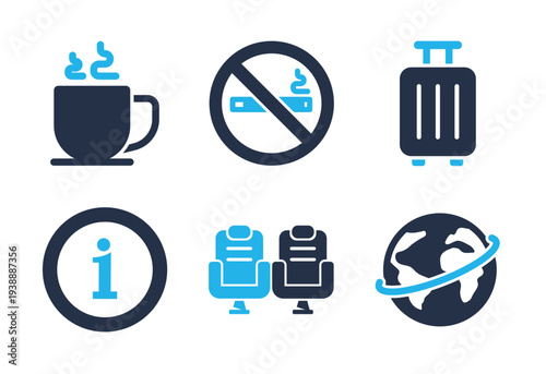 Travel Facilities and Information icon set. Solid glyph series icons