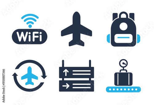 Airport Services and Transportation icon set. Solid glyph series icons