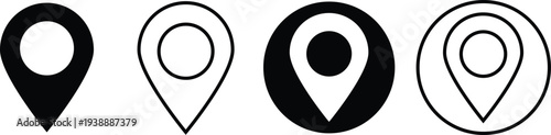 Four unique black and white location pin icons representing GPS navigation and point of interest markers in a simple graphic vector design