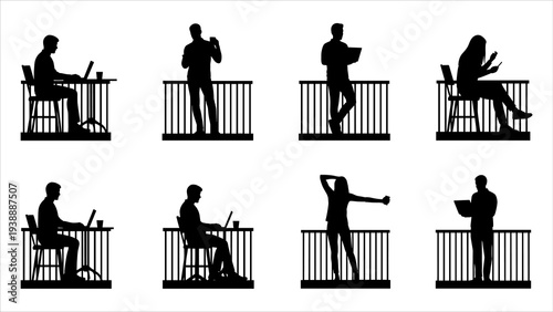 Silhouetted musicians performing on balcony with various instruments from a front viewpoint