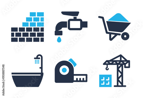 Construction and Building Equipment icon set. Solid glyph series icons