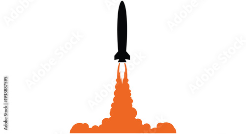 A dynamic depiction of a rocket launching with fiery exhaust trails presented as a silhouette