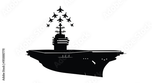 A striking black silhouette depicts a naval aircraft carrier with fighter jets taking off silhouette
