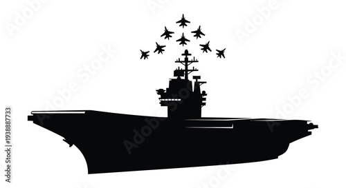 A dramatic black silhouette depicts a naval aircraft carrier with fighter jets overhead silhouette high quality