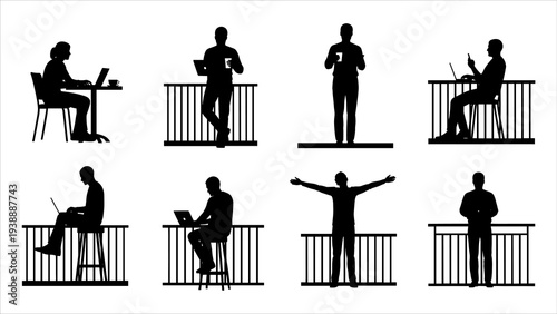 Silhouetted figures in various poses on balconies with railings, capturing different actions and emotions from a distant viewpoint.