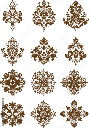 Decorative vintage damask collection floral ornamental vector shapes isolated background