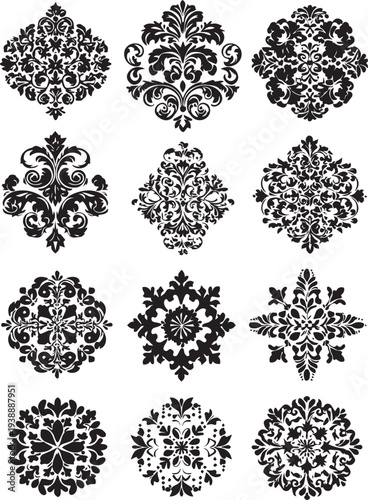 Decorative vintage damask collection floral ornamental vector shapes isolated background