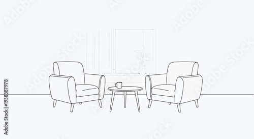 Minimalist line art illustration depicting two comfortable armchairs, a small round coffee table with a mug, in a simple modern interior.