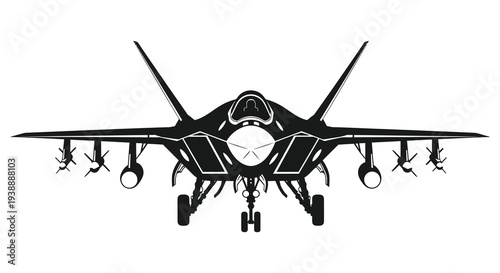 A striking frontal view of a modern fighter jet showcasing its powerful design silhouette high quality